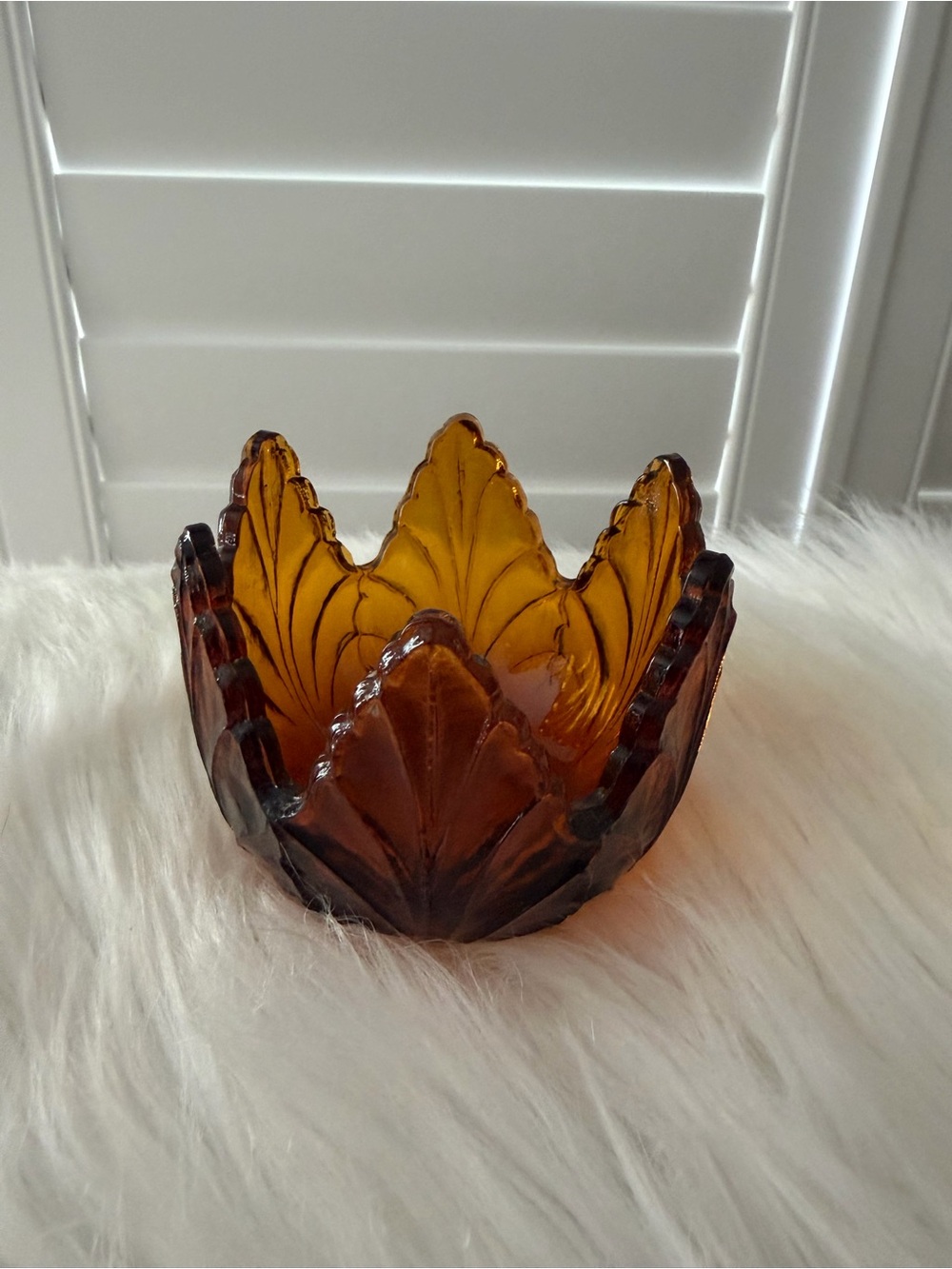Fenton vintage Amber Leaf Glass votive or tealight holder